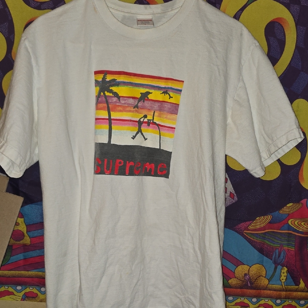 Supreme White Tee with Tropical Basketball Graphic